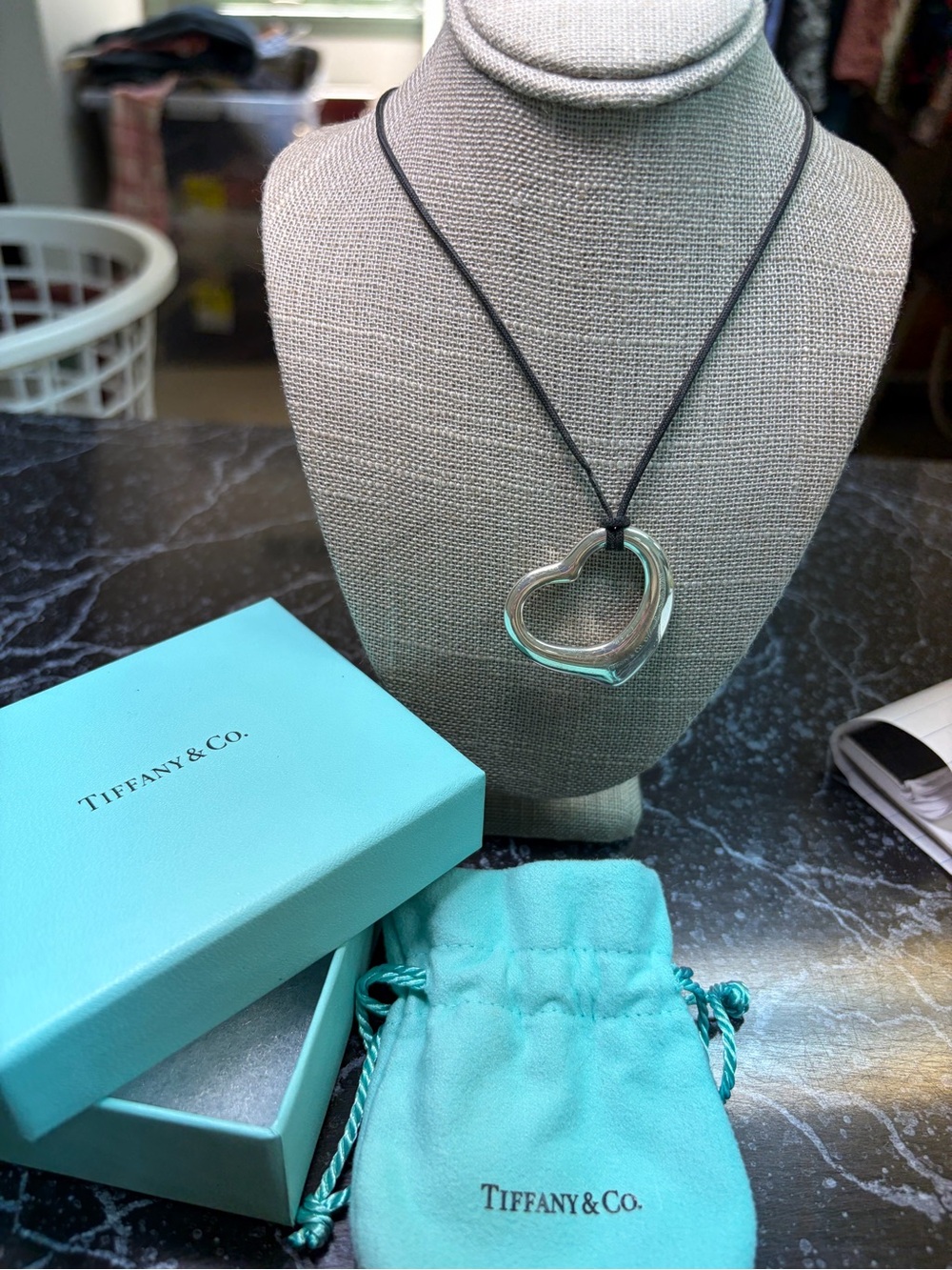 Tiffany & Co. Silver Open Heart Pendant on Black Silk Cord
